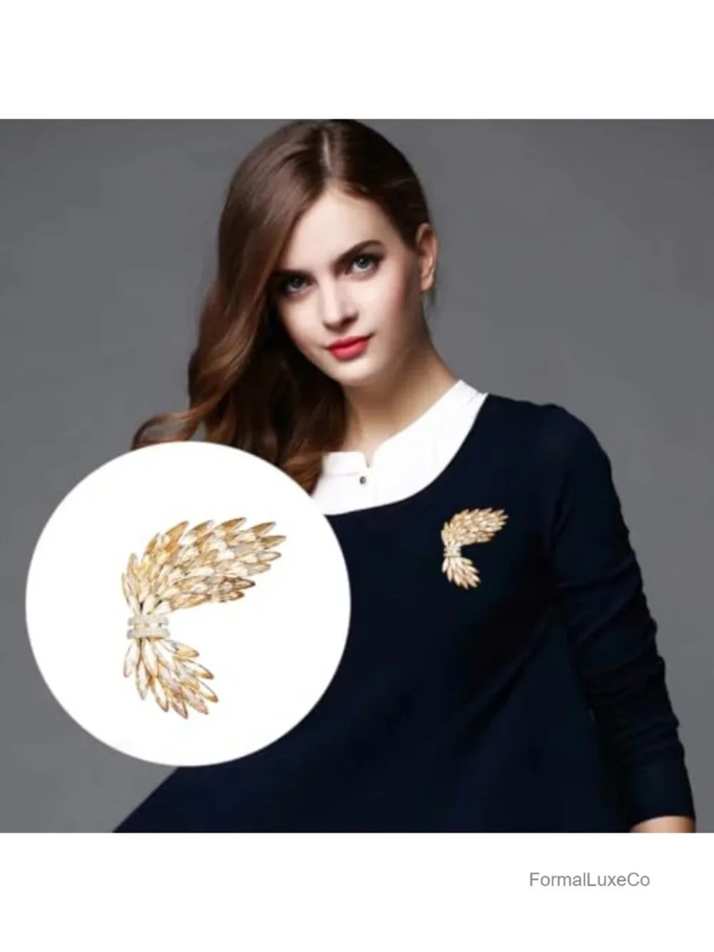 Vintage Gold Tone Wing Brooch Rhinestone Crystal Enamel Lapel Pin for Women